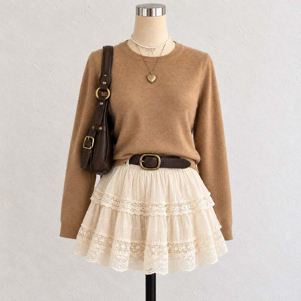Women’s 100% Cashmere Crewneck Sweater Camel Brown Tan Minimalist Sz.M Lands End
